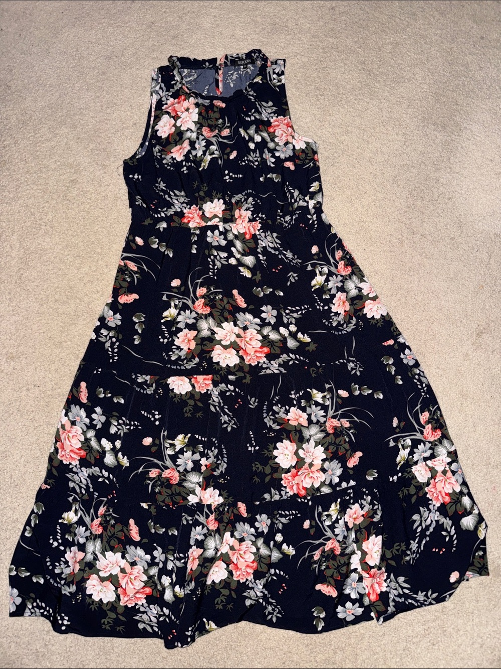Floral Sleeveless Midi Dress in Navy with Pink Blooms